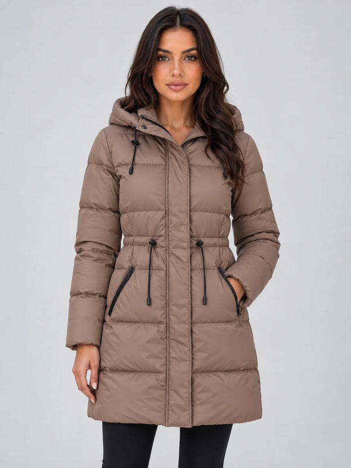 Brown Women's Hooded Puffer Coat with Drawstring Waist & Longline Fit