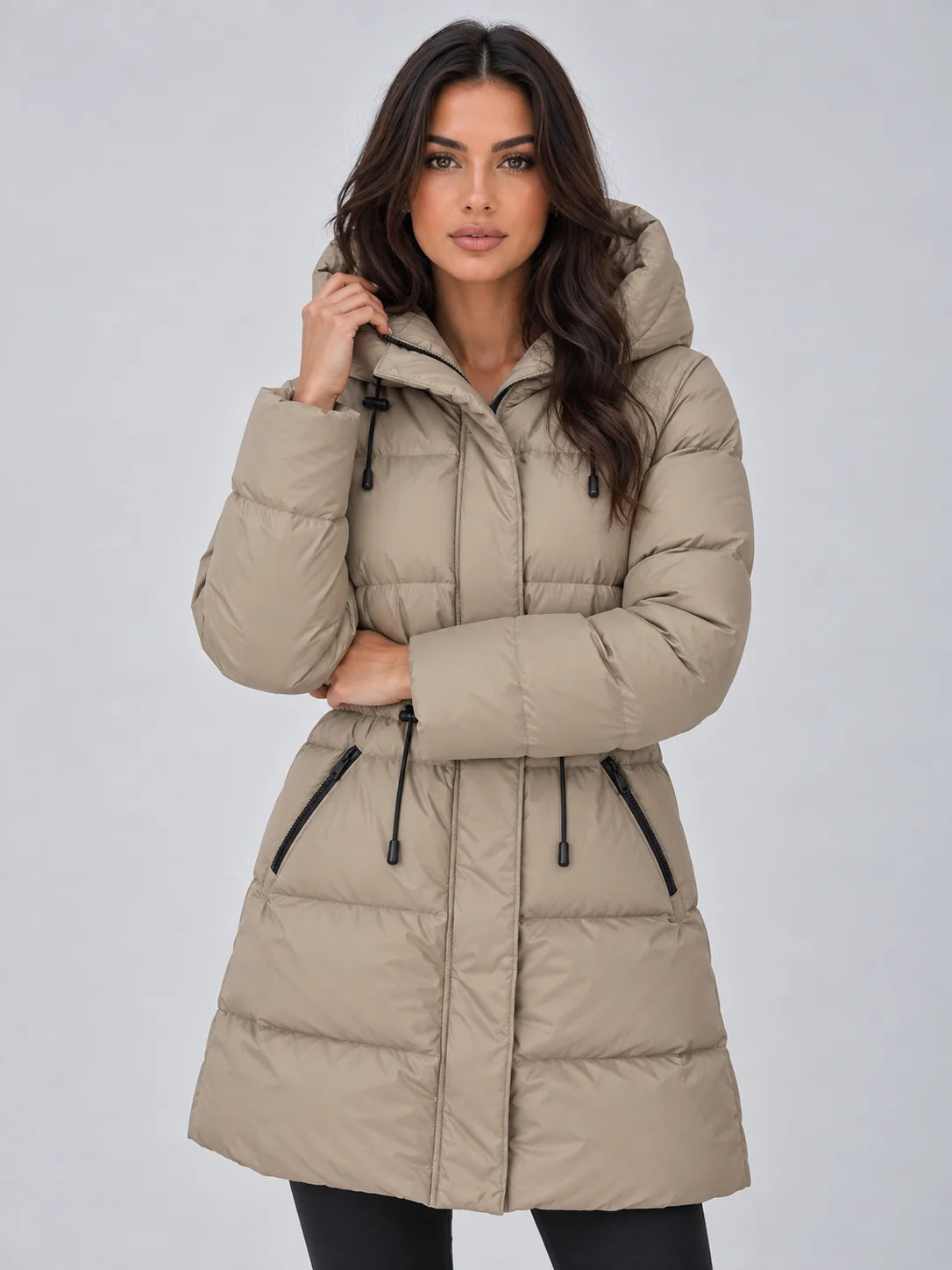 Khaki Women's Hooded Puffer Coat with Drawstring Waist & Longline Fit