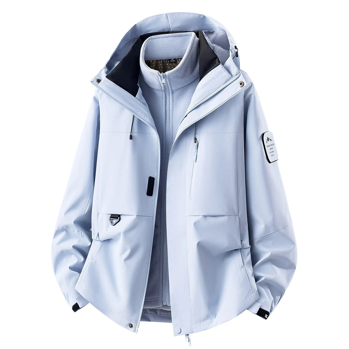 Moonlight Blue Women's Outdoor Jacket with Zip-In Layer & Adjustable Hood - Sleeve Detail