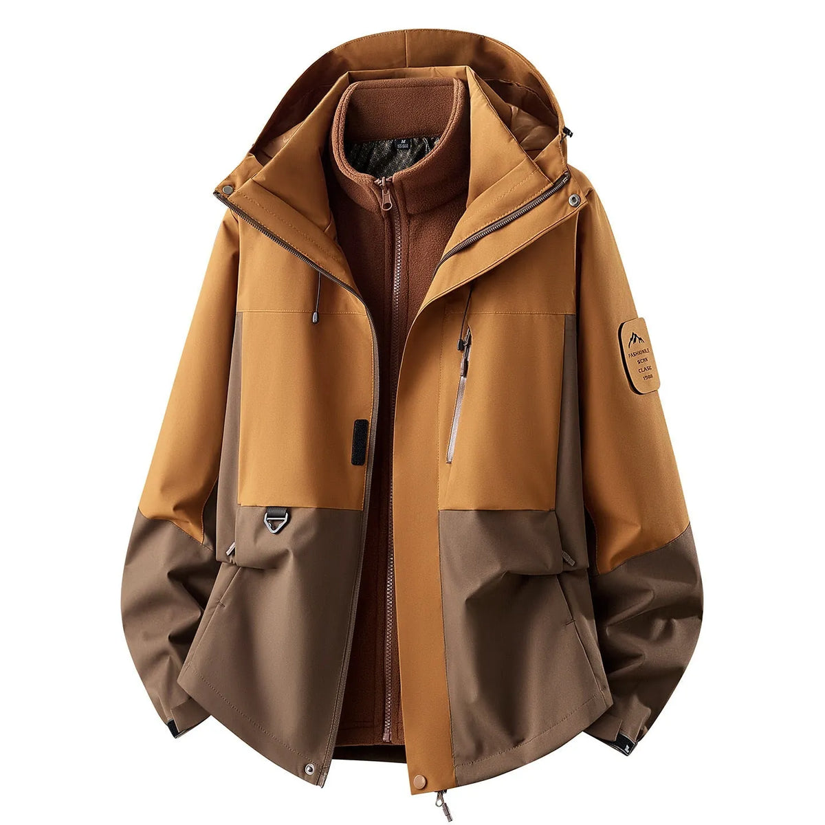 Brown Women's Outdoor Jacket with Zip-In Layer & Adjustable Hood