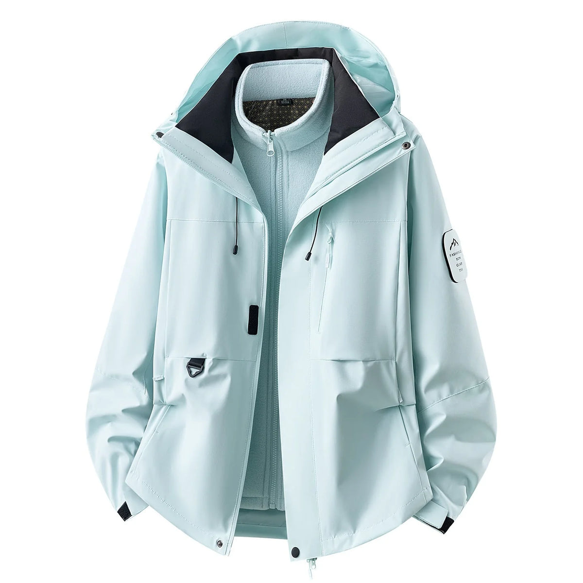 Women's Outdoor Jacket with Zip-In Layer & Adjustable Hood - Hood Open