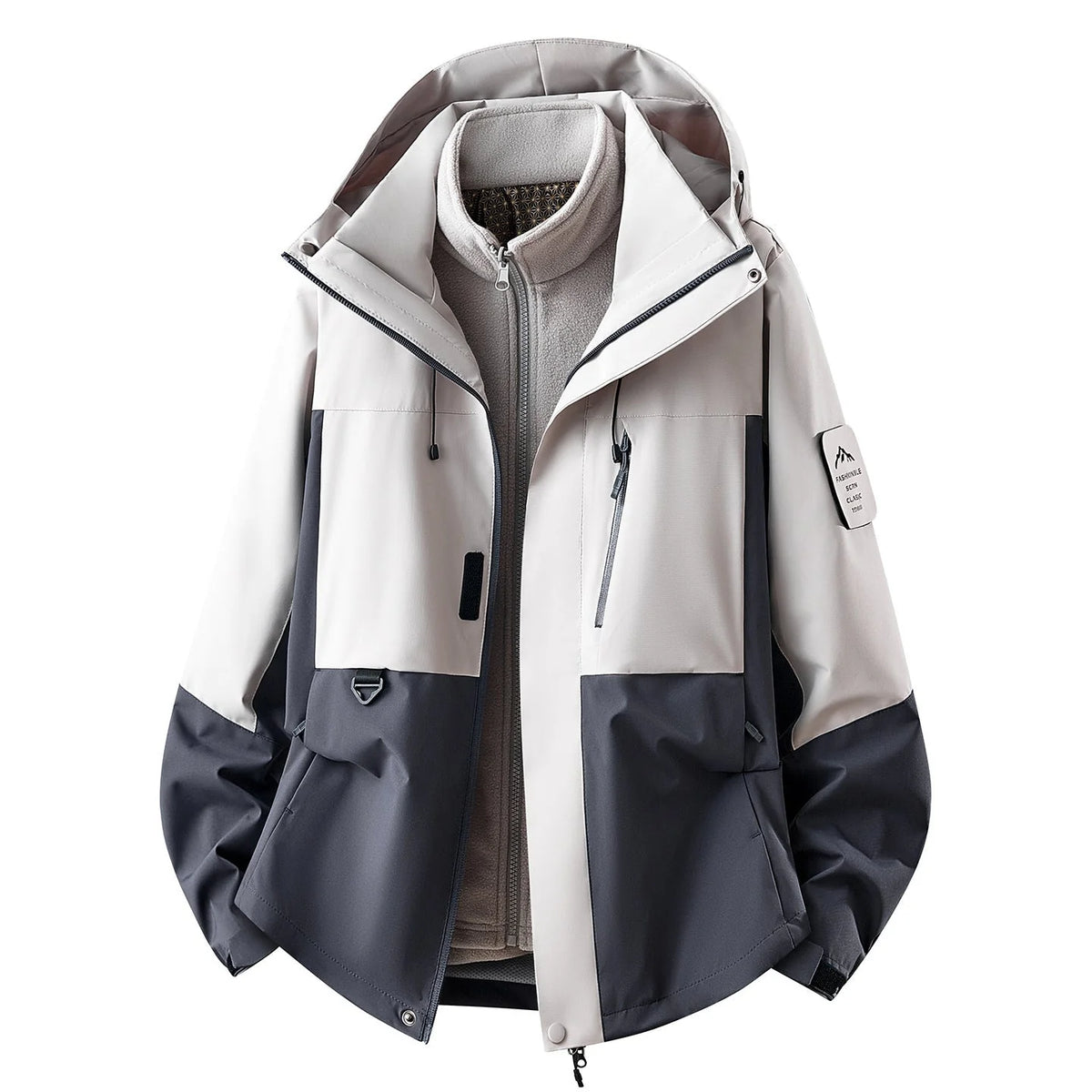 Light Grey Women's Outdoor Jacket with Zip-In Layer & Adjustable Hood