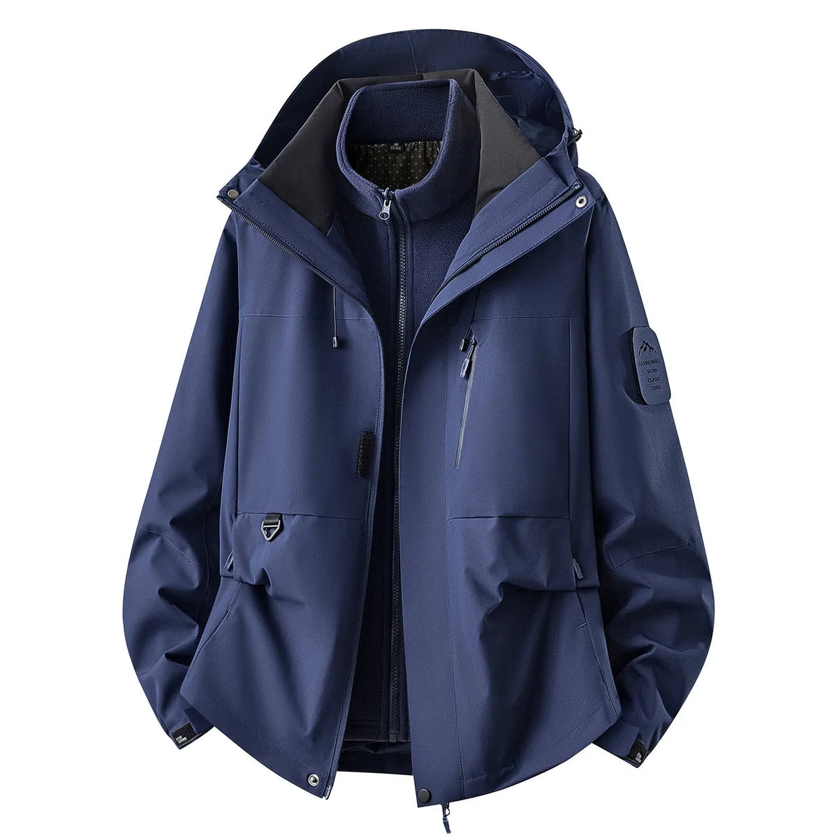 Blue Women's Outdoor Jacket with Zip-In Layer & Adjustable Hood - Zip Detail