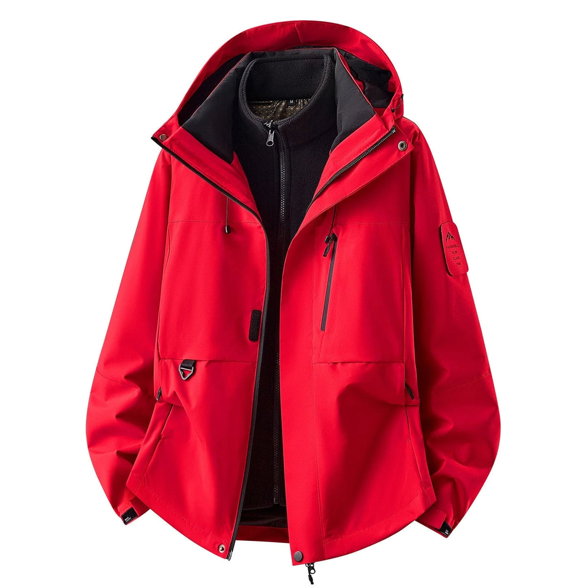 Bright Red Women's Outdoor Jacket with Zip-In Layer & Adjustable Hood