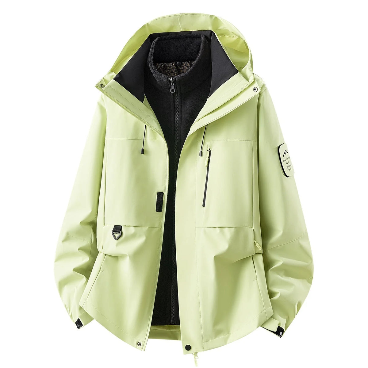 Yellow Women's Outdoor Jacket with Zip-In Layer & Adjustable Hood - Pocket Detail