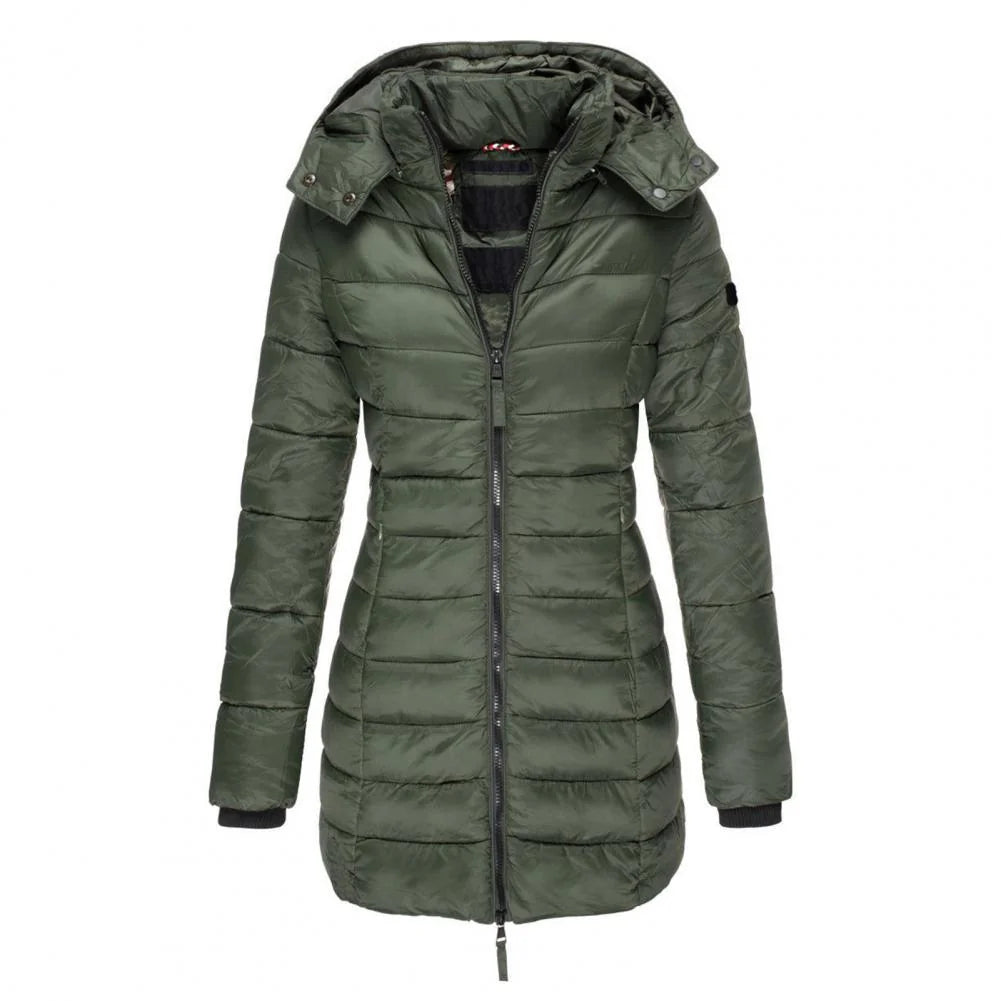 Army Green Women's Hooded Puffer Jacket with Oversized Fit & Soft Lining - Front Full