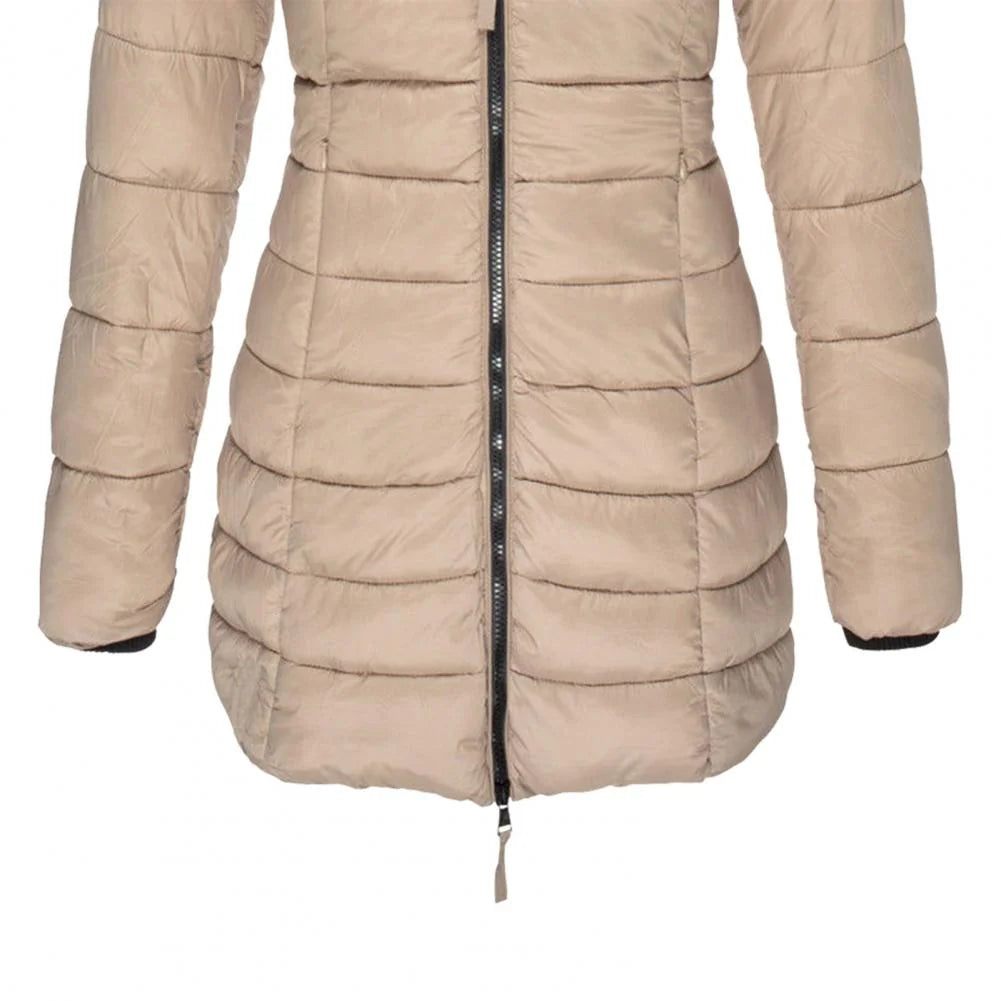 Women's Hooded Puffer Jacket with Oversized Fit & Soft Lining - Close Up Hem Zipper