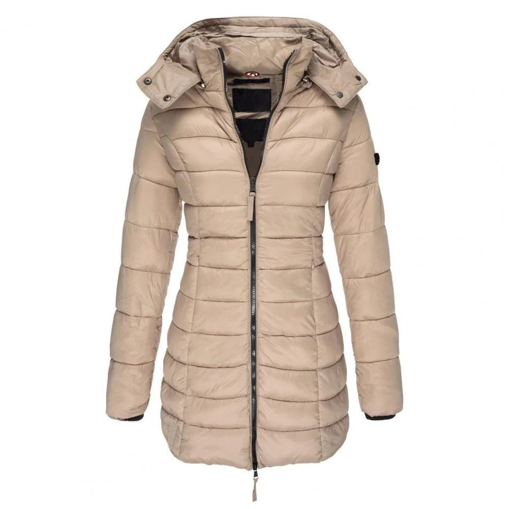 Khaki Women's Hooded Puffer Jacket with Oversized Fit & Soft Lining - Front Full