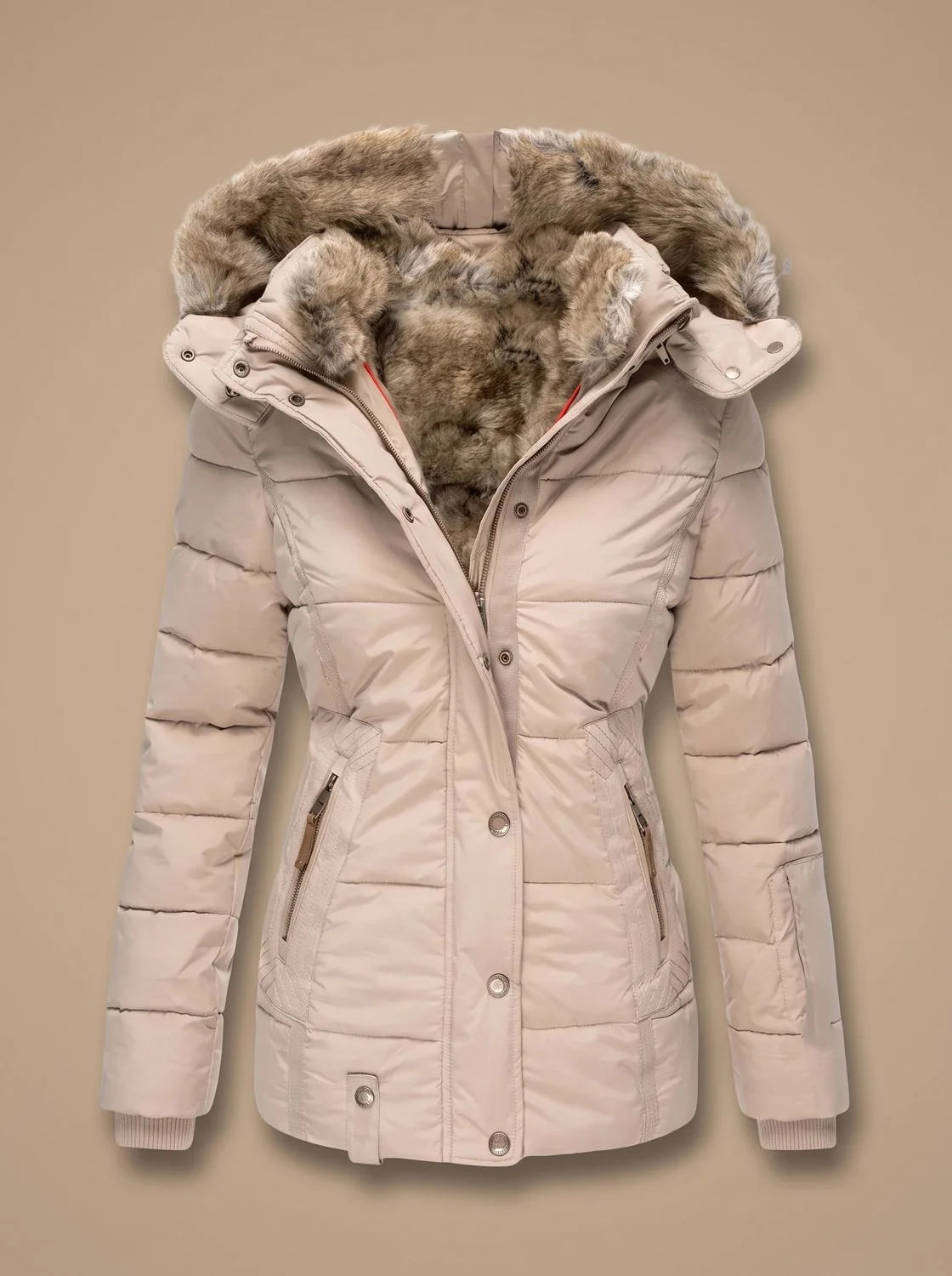 Beige Women's Faux Fur Puffer Coat with Quilted Hood & Cinched Waist