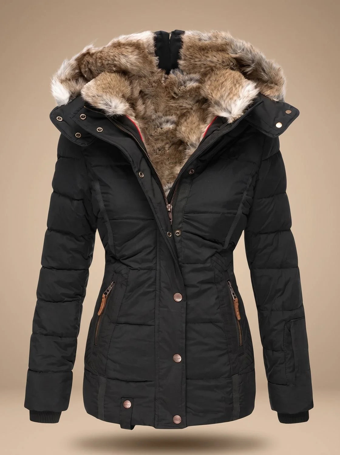 Black Women's Faux Fur Puffer Coat with Quilted Hood & Cinched Waist