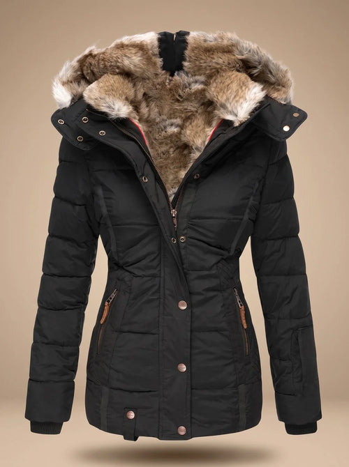 Black Women's Faux Fur Puffer Coat with Quilted Hood & Cinched Waist