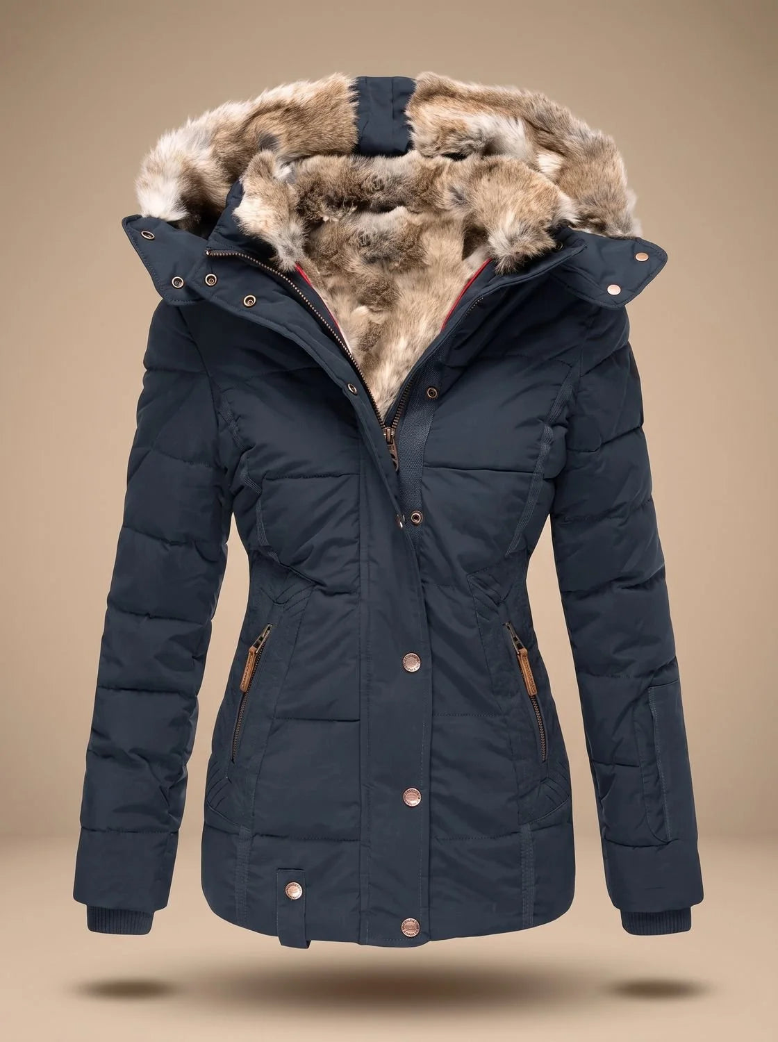 Blue Women's Faux Fur Puffer Coat with Quilted Hood & Cinched Waist