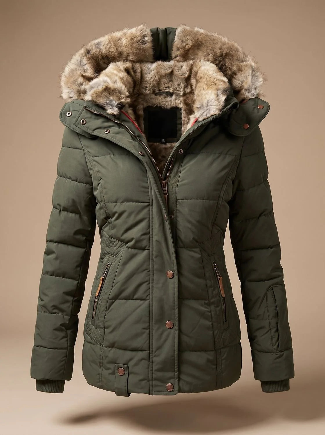 Green Women's Faux Fur Puffer Coat with Quilted Hood & Cinched Waist