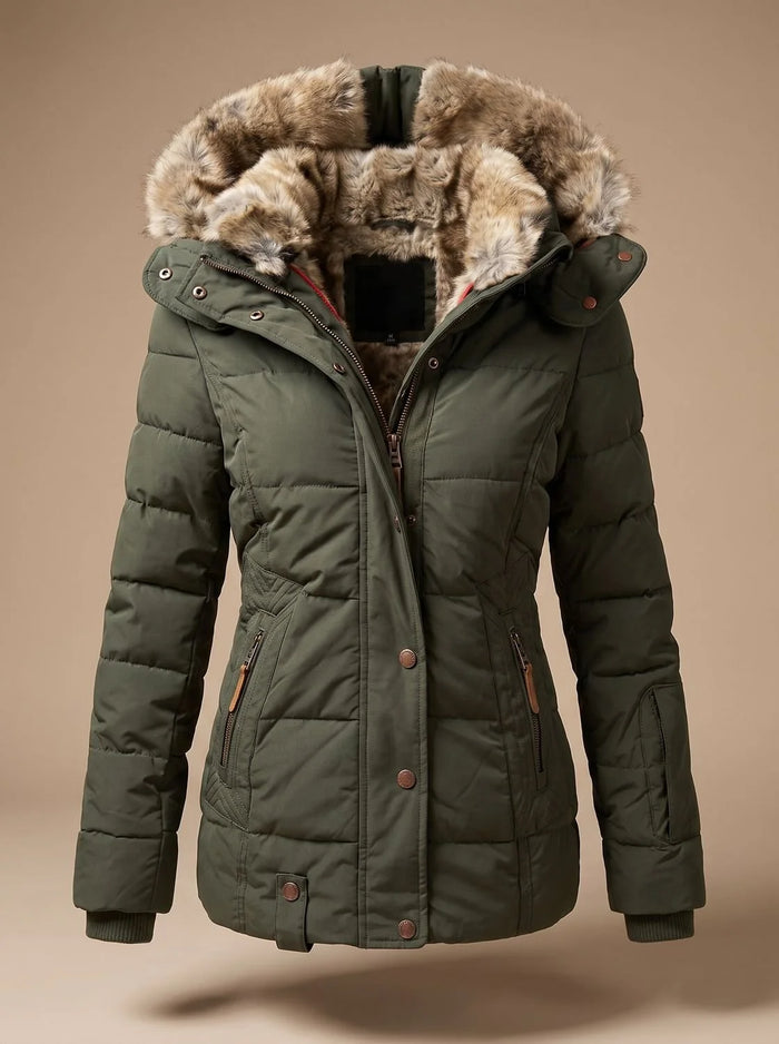 Green Women's Faux Fur Puffer Coat with Quilted Hood & Cinched Waist