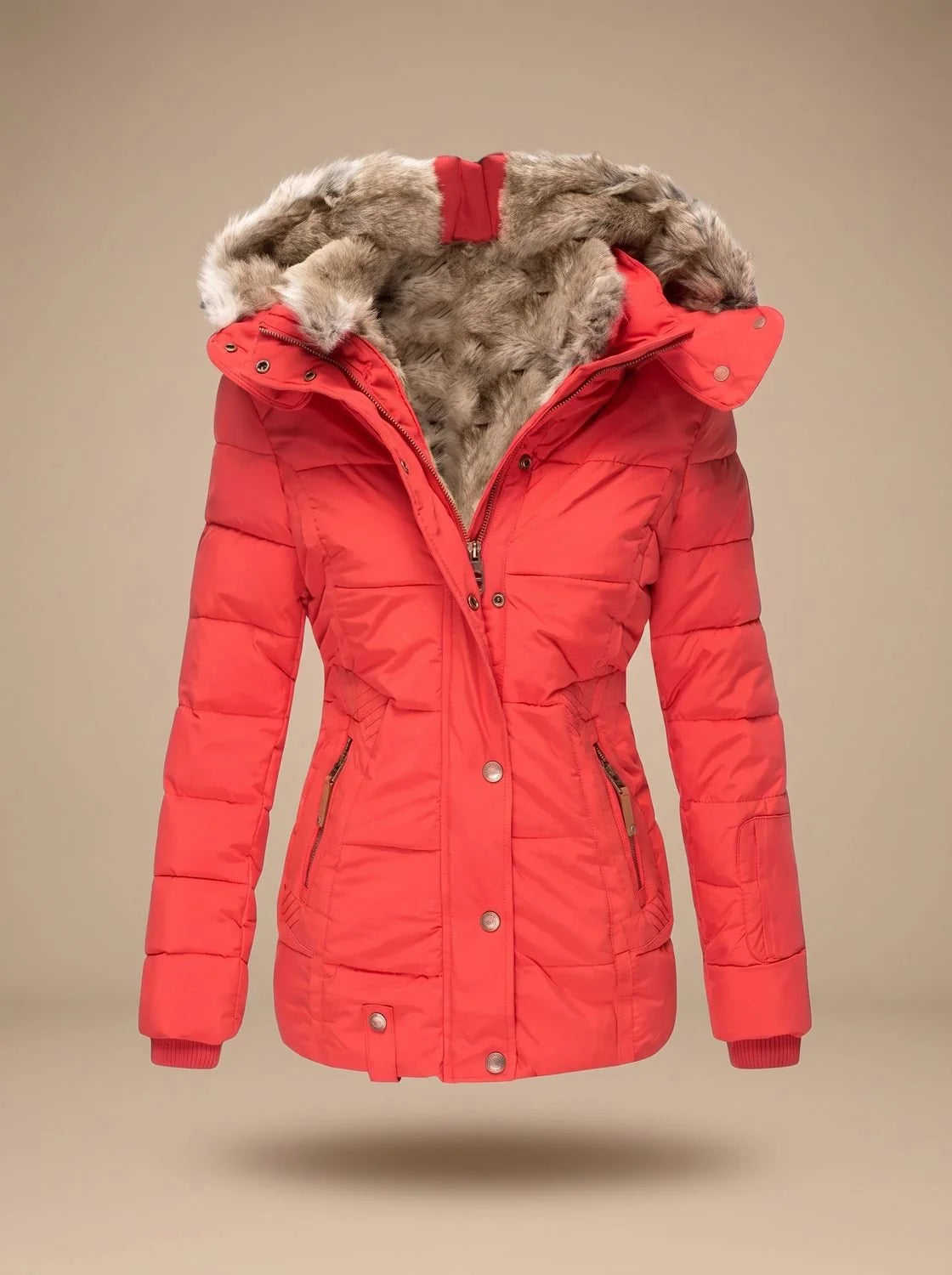 Red Women's Faux Fur Puffer Coat with Quilted Hood & Cinched Waist