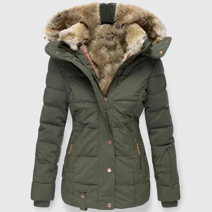 Green Women's Winter Coat with Faux Fur Hood & Tailored Waist — Selene