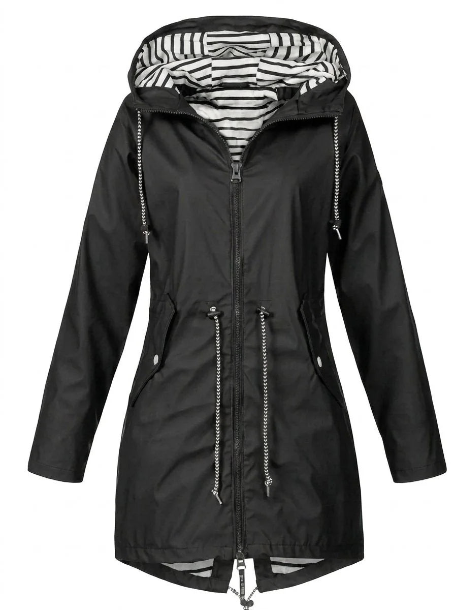Black Women's Hooded Raincoat with Adjustable Drawstring Waist & Zip Front — Sophie