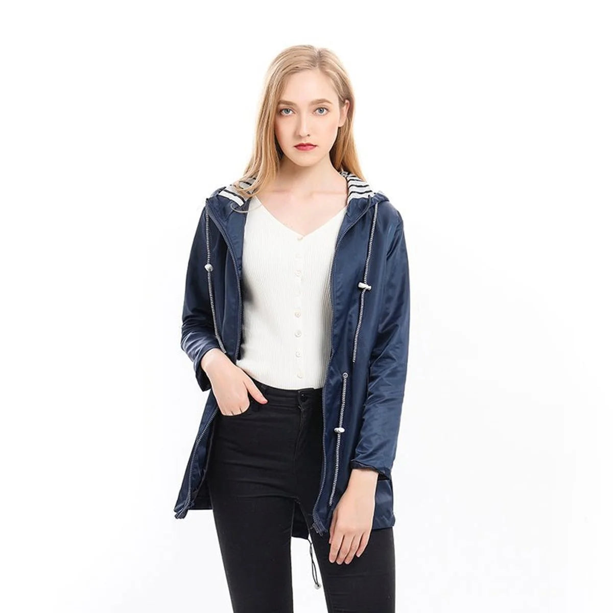 Blue Women's Hooded Raincoat with Adjustable Drawstring Waist & Zip Front — Sophie - Model Front Pose