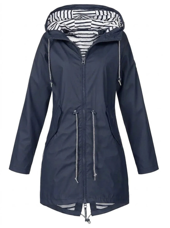 Blue Women's Hooded Raincoat with Adjustable Drawstring Waist & Zip Front — Sophie