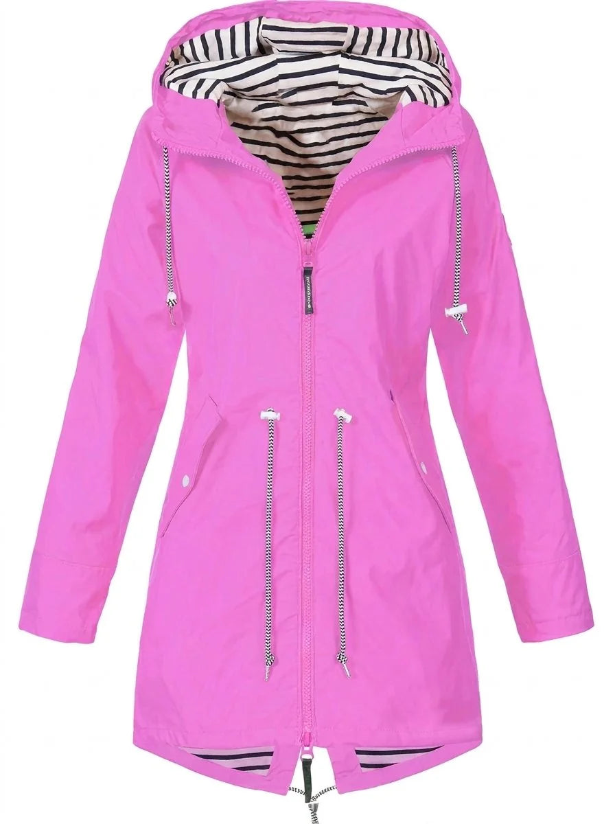 Pink Women's Hooded Raincoat with Adjustable Drawstring Waist & Zip Front — Sophie