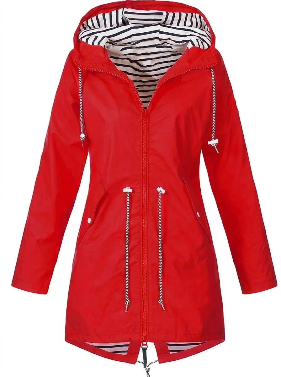 Red Women's Hooded Raincoat with Adjustable Drawstring Waist & Zip Front — Sophie