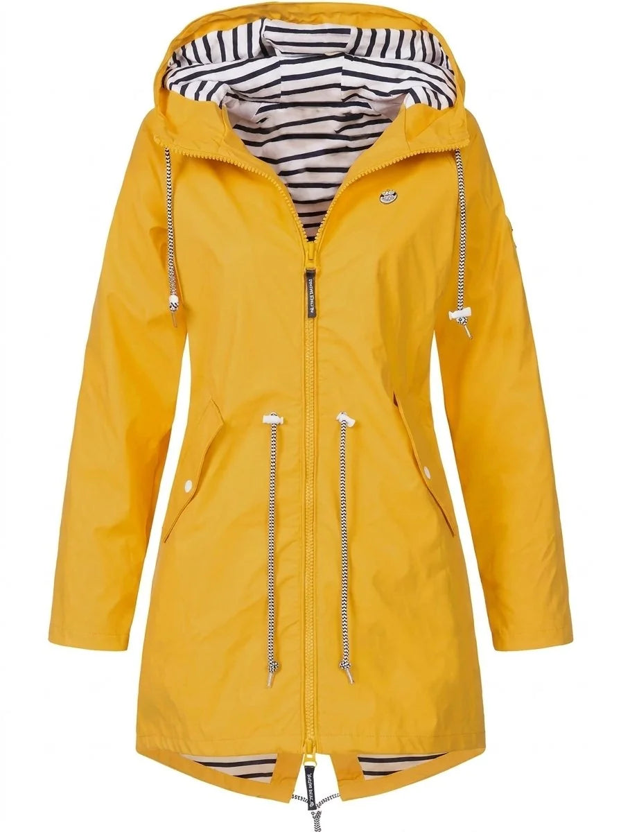 Yellow Women's Hooded Raincoat with Adjustable Drawstring Waist & Zip Front — Sophie