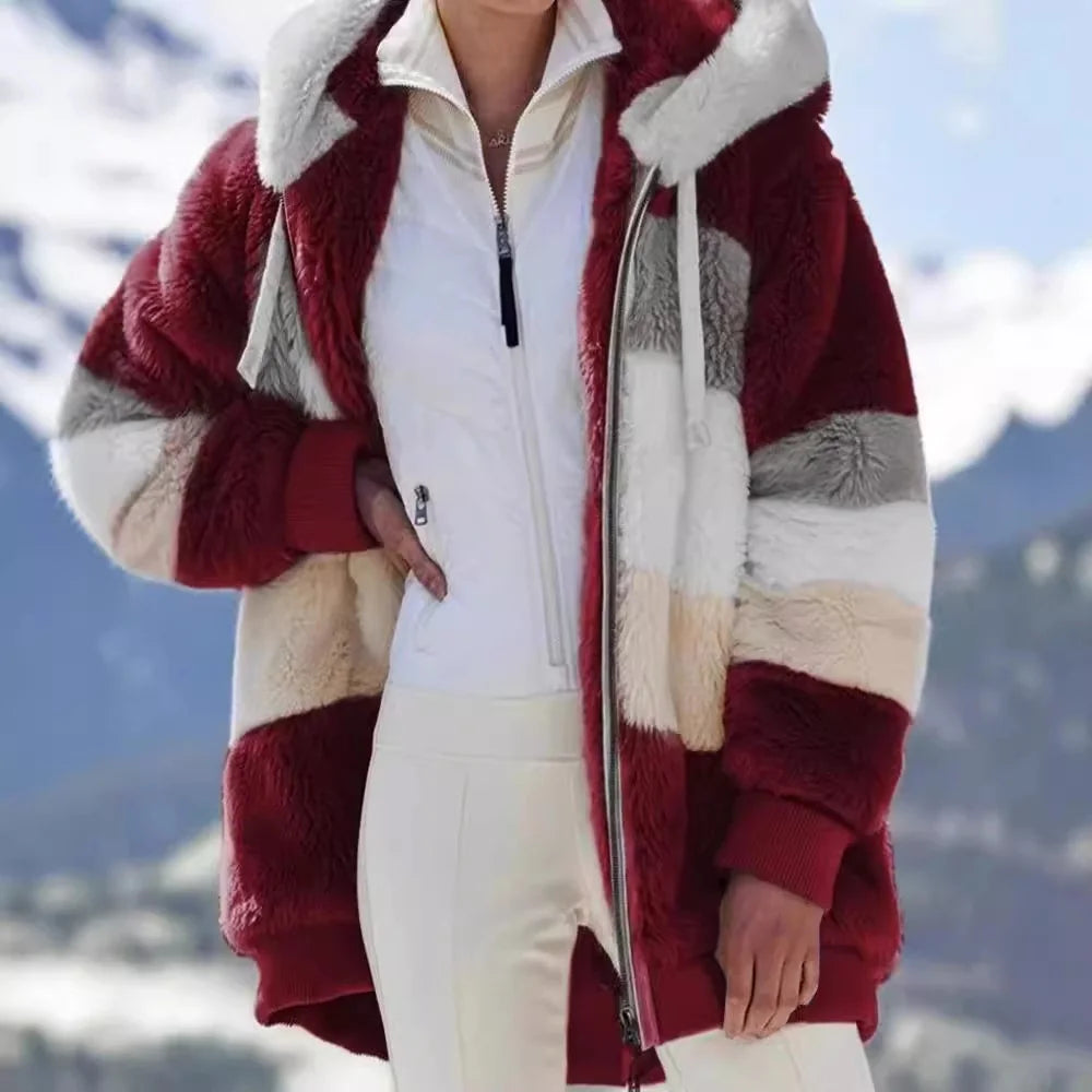 Burgundy Women's Teddy Jacket with Striped Hood & Relaxed Oversized Fit - Front Pose Outdoor