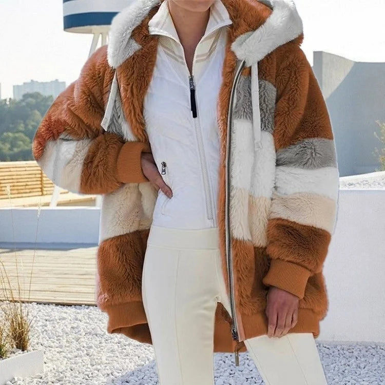 Dark Brown Women's Teddy Jacket with Striped Hood & Relaxed Oversized Fit - Front View Rooftop