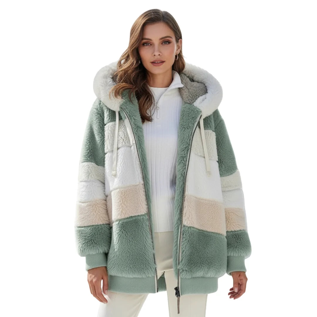 Green Women's Teddy Jacket with Striped Hood & Relaxed Oversized Fit