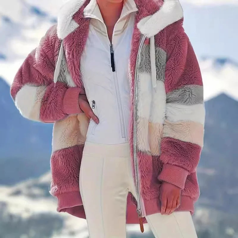 Pink Women's Teddy Jacket with Striped Hood & Relaxed Oversized Fit