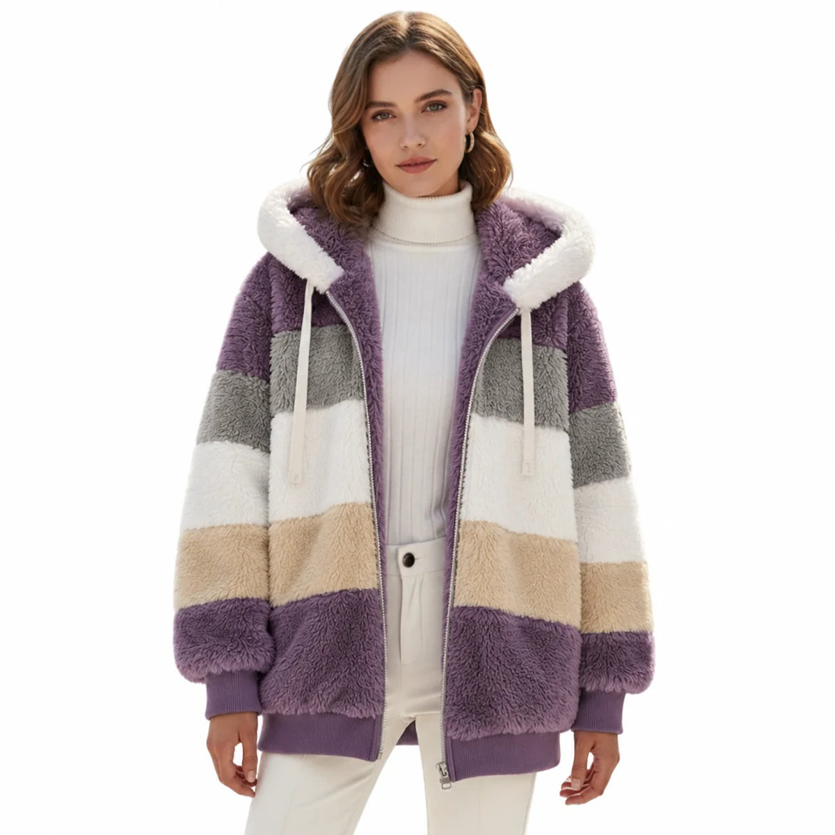 Lilac Women's Teddy Jacket with Striped Hood & Relaxed Oversized Fit - Studio Front Pose