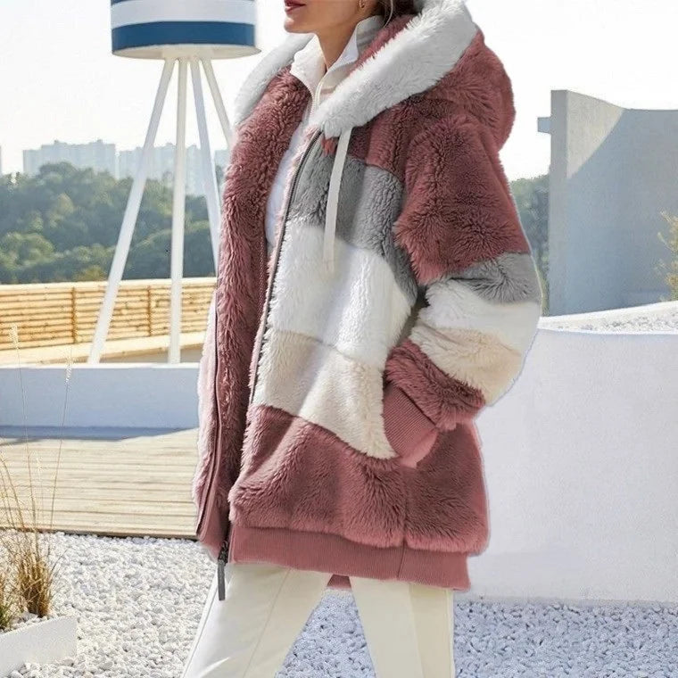 Red Women's Teddy Jacket with Striped Hood & Relaxed Oversized Fit