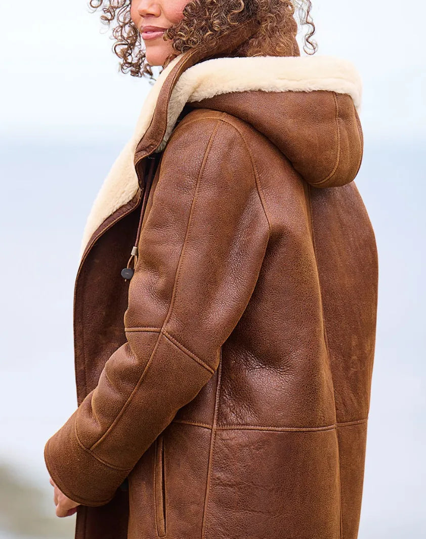 Brown Women's Hooded Winter Coat with Toggle Buttons & Relaxed Fit — Ophelia - Side Profile Hood Detail