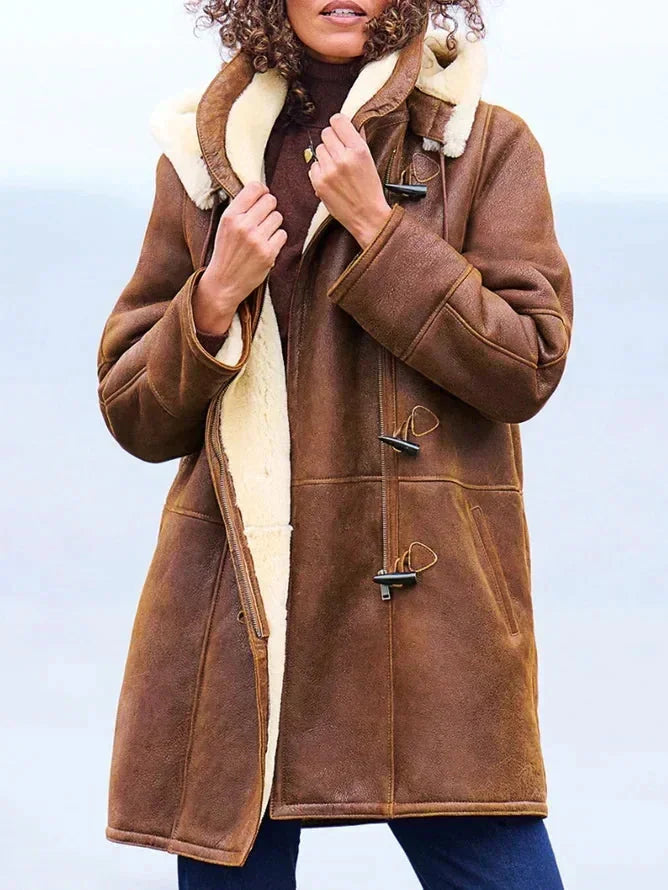 Brown Women's Hooded Winter Coat with Toggle Buttons & Relaxed Fit — Ophelia