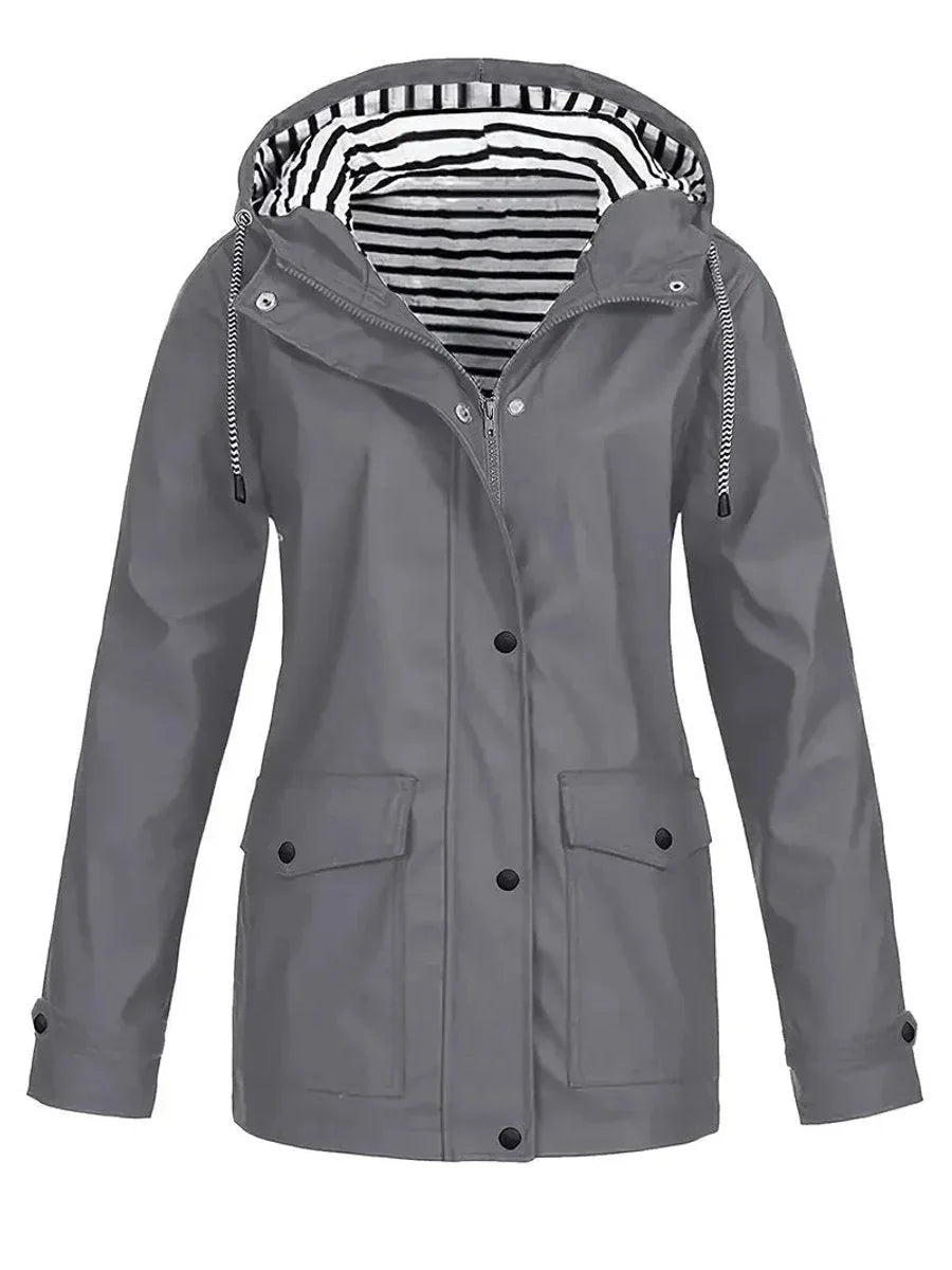 Gray Women's Waterproof Raincoat with Hooded Striped Lining & Snap Pockets