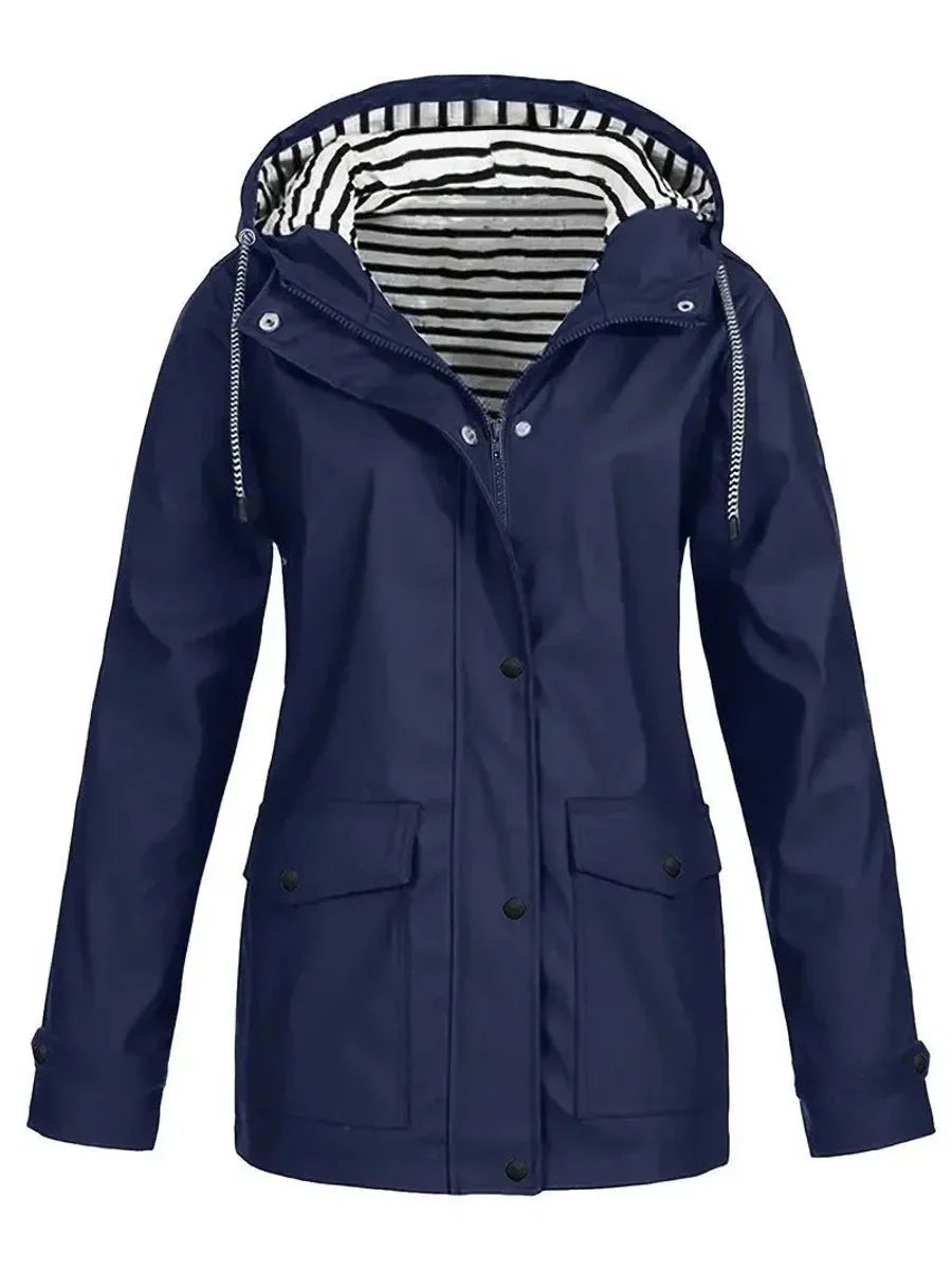 Navy Blue Women's Waterproof Raincoat with Hooded Striped Lining & Snap Pockets