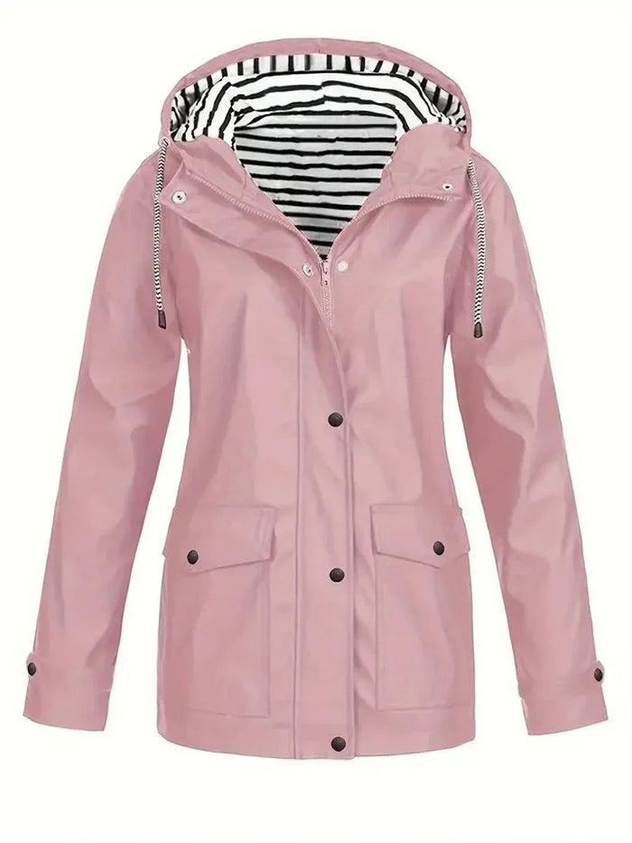 Pink Women's Waterproof Raincoat with Hooded Striped Lining & Snap Pockets