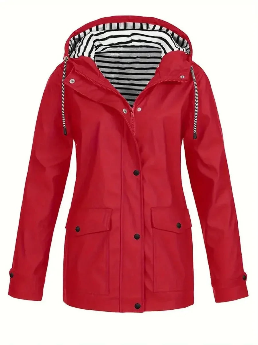 Red Women's Waterproof Raincoat with Hooded Striped Lining & Snap Pockets