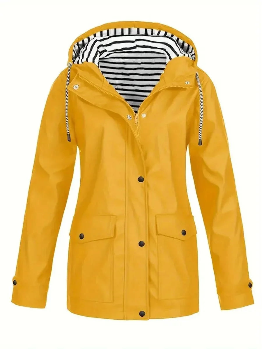 Yellow Women's Waterproof Raincoat with Hooded Striped Lining & Snap Pockets