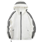 Beige Men's Hooded Jacket with Striped Trim & Lightweight Comfort - Front Full
