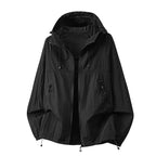 White Black Men's Hooded Jacket with Zip Pockets & Adjustable Drawstring Hood - Flat Lay Front Solid