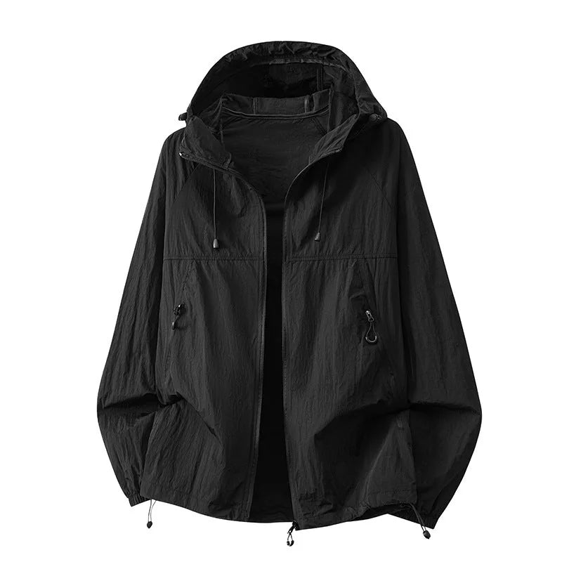 White Black Men's Hooded Jacket with Zip Pockets & Adjustable Drawstring Hood - Flat Lay Front Solid