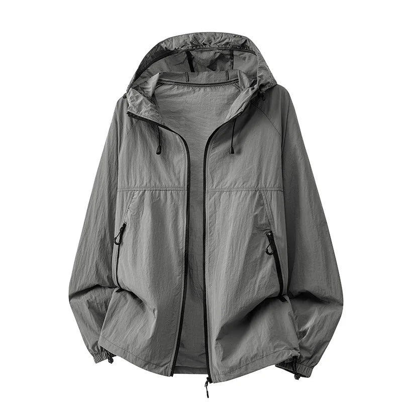 Gray Men's Hooded Jacket with Zip Pockets & Adjustable Drawstring Hood
