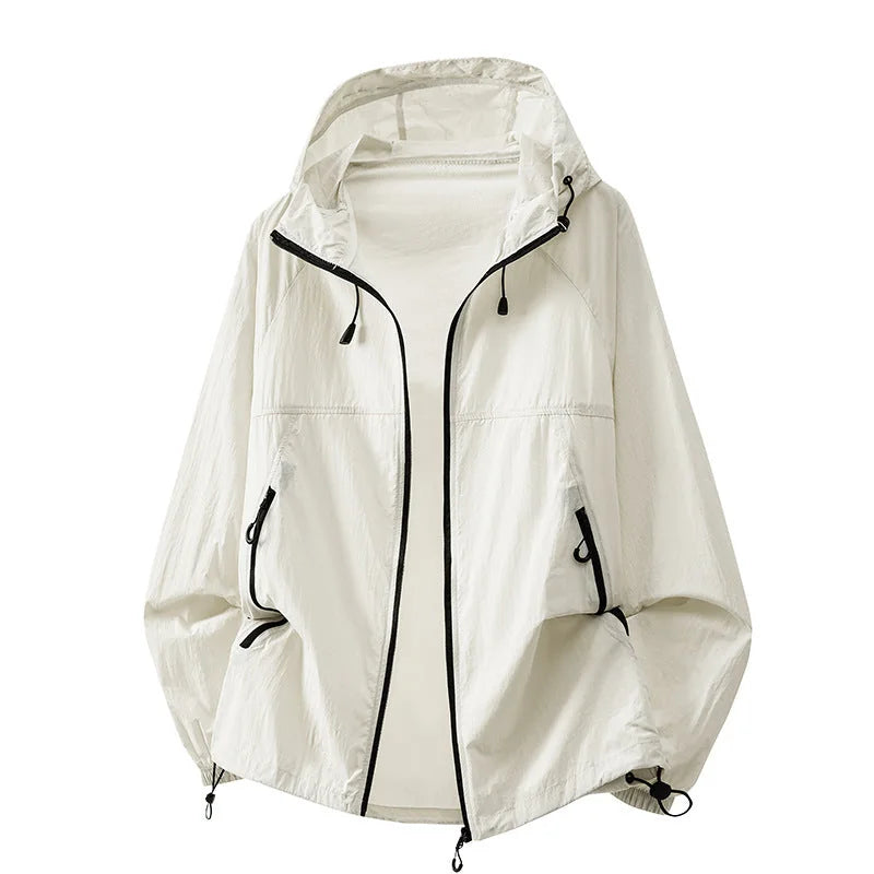 White Men's Hooded Jacket with Zip Pockets & Adjustable Drawstring Hood