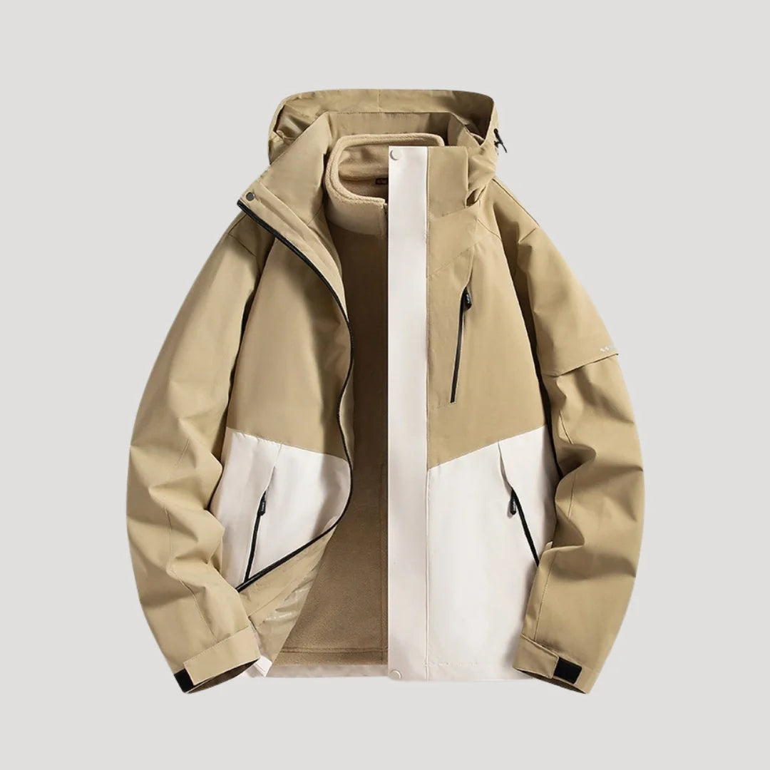 Beige Women's Hooded Windbreaker Jacket with Zip Front & Adjustable Hood