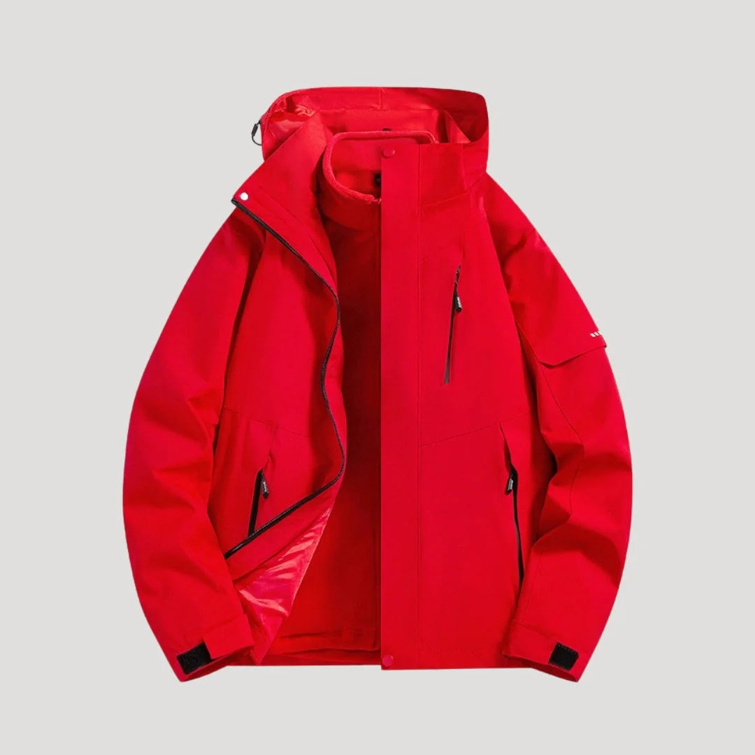 Red Women's Hooded Windbreaker Jacket with Zip Front & Adjustable Hood