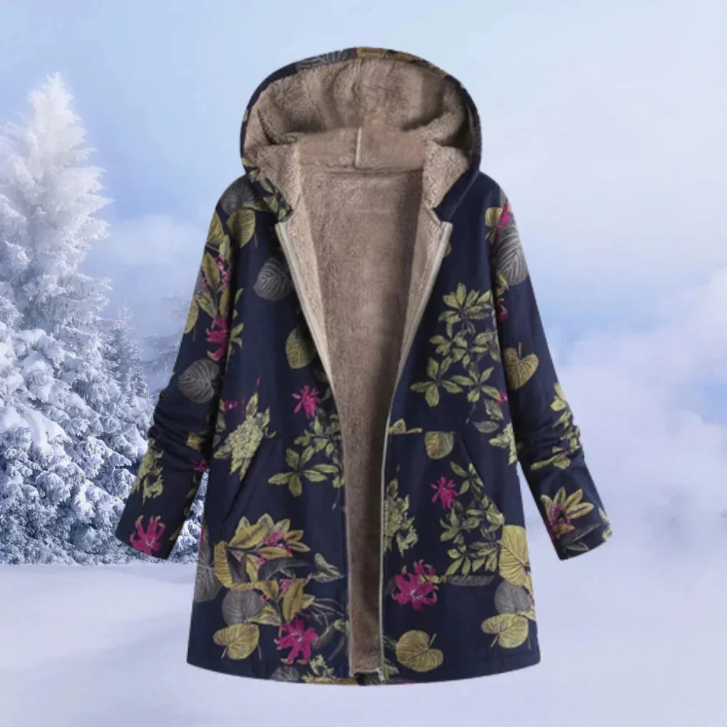 Dark Blue Women's Casual Winter Jacket with Hood & Plush Lining - Front Full