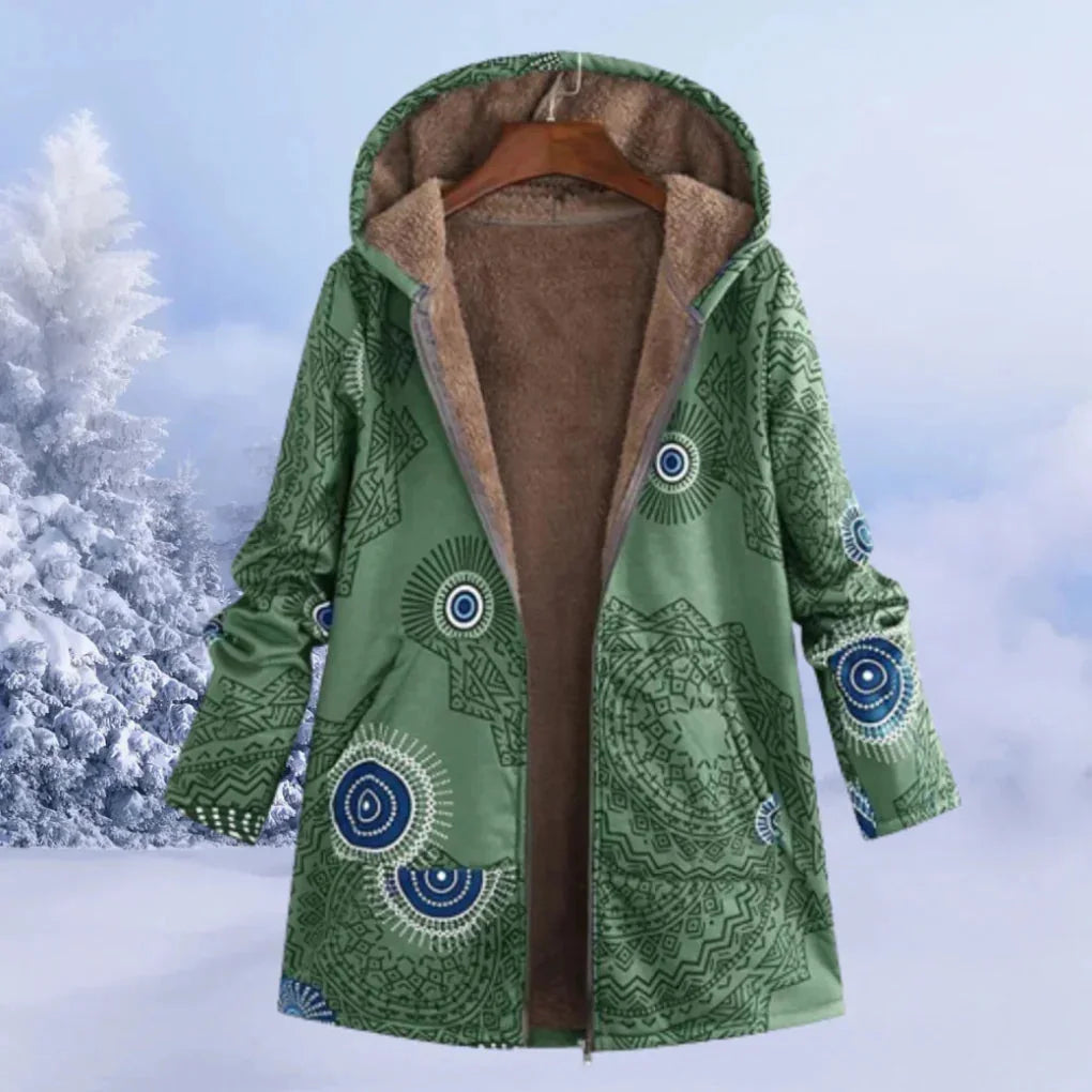 Green Women's Casual Winter Jacket with Hood & Plush Lining - Front Display