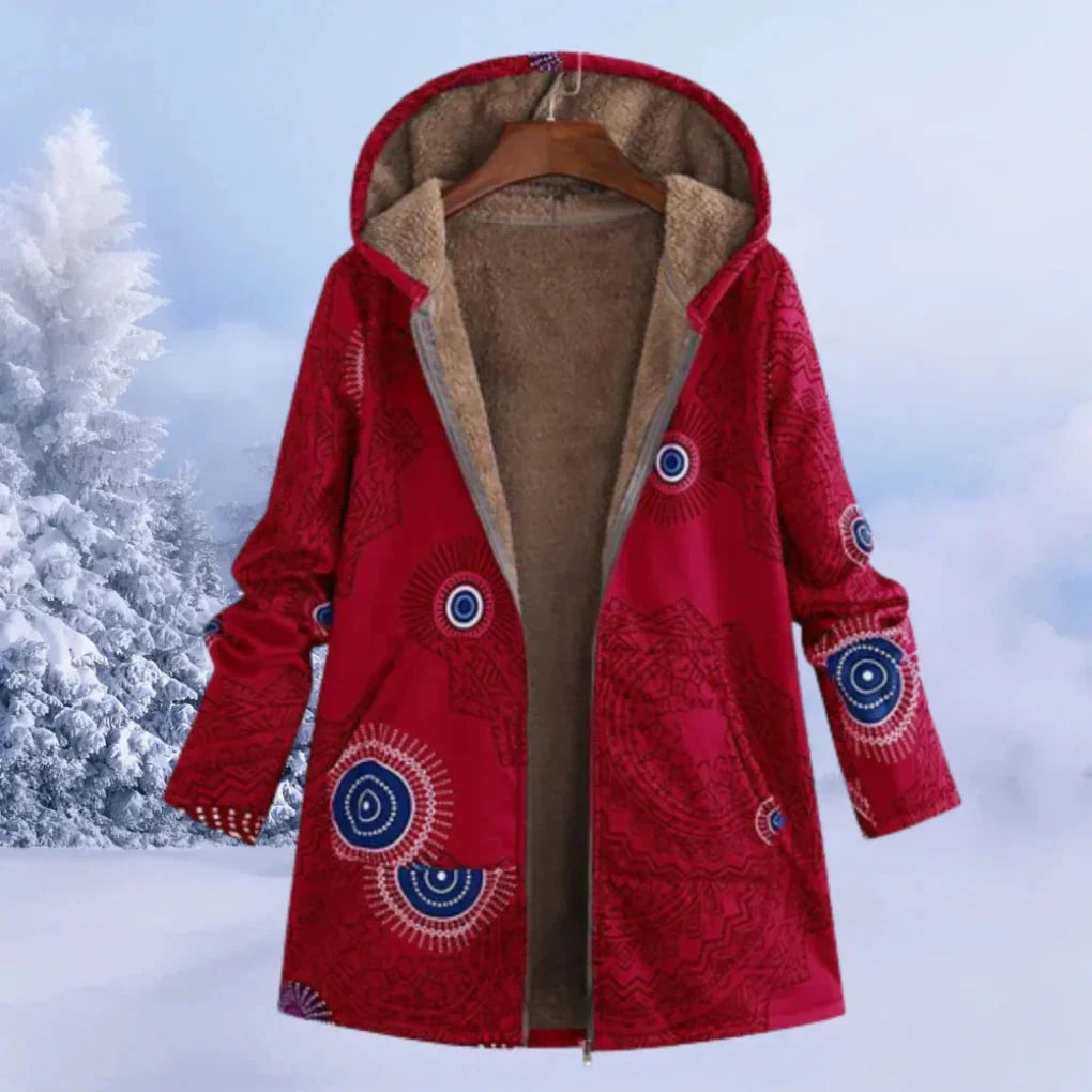 Wine Red Women's Casual Winter Jacket with Hood & Plush Lining - Front Pose