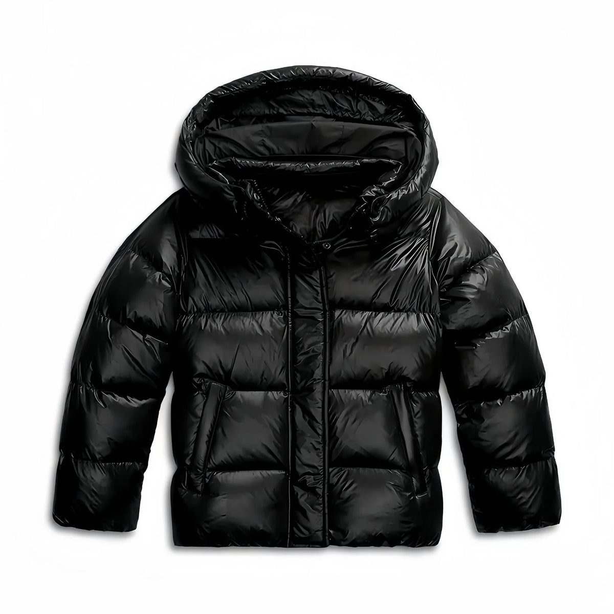 Black Women's Hooded Winter Jacket with Quilted Front & Side Pockets - Front Zoom